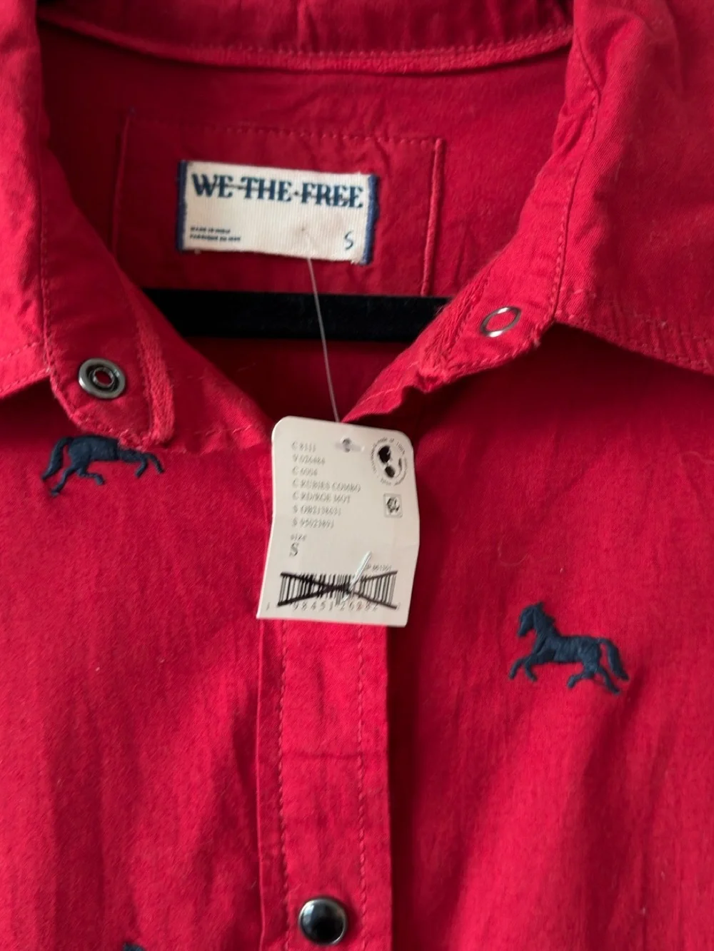 Free People Red Button-Down Shirt with Navy Embroidered Horses